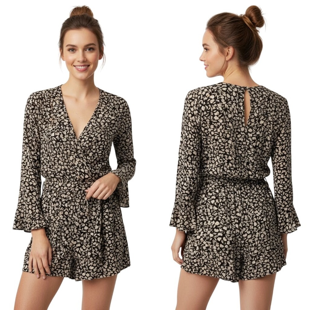 Who What Wear Small Romper Black Beige Floral Tie V Neck Bell Sleeve Button Boho